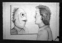 [sketch of man looking in mirror and seeing a bird-face]